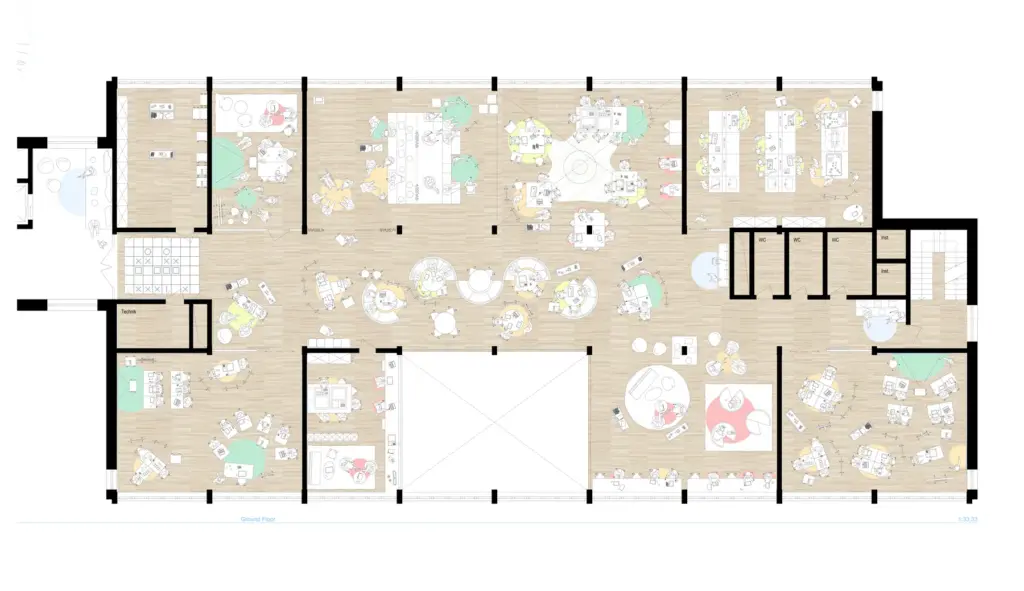 Einrichtungskonzepte für Schulen / Möblierungskonzepte – Grundriss Schulmöblierung, verschiedene Bereiche/Räume